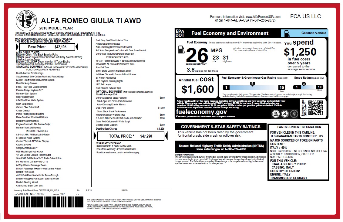New 2018 Alfa Romeo Giulia Ti Q4 for sale Sold at Rolls-Royce Motor Cars Greenwich in Greenwich CT 06830 1