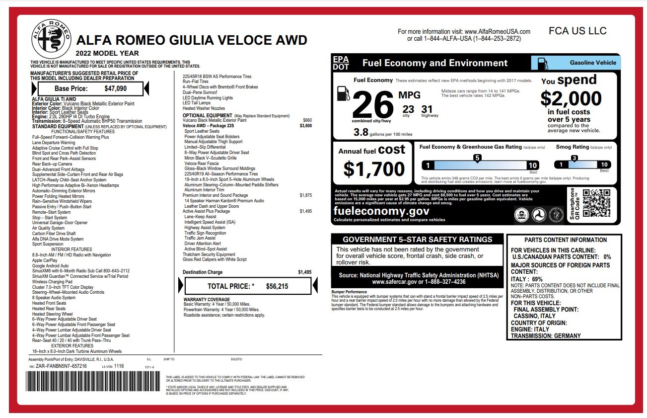 Used 2022 Alfa Romeo Giulia Veloce for sale $28,900 at Rolls-Royce Motor Cars Greenwich in Greenwich CT 06830 1