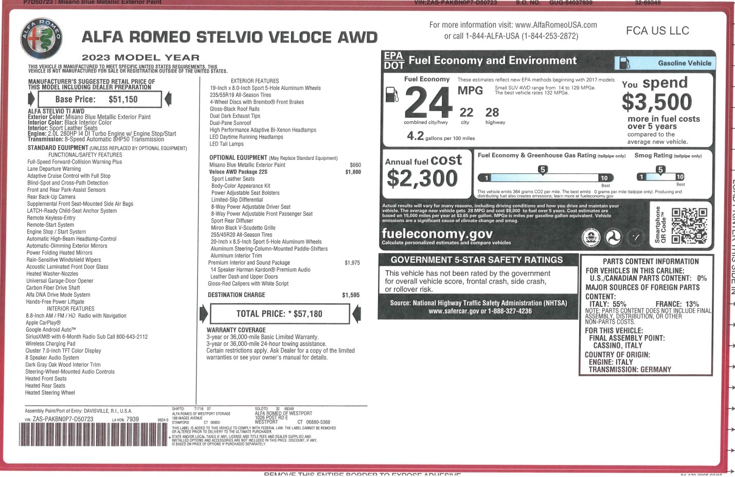New 2023 Alfa Romeo Stelvio Veloce for sale $57,180 at Rolls-Royce Motor Cars Greenwich in Greenwich CT 06830 1