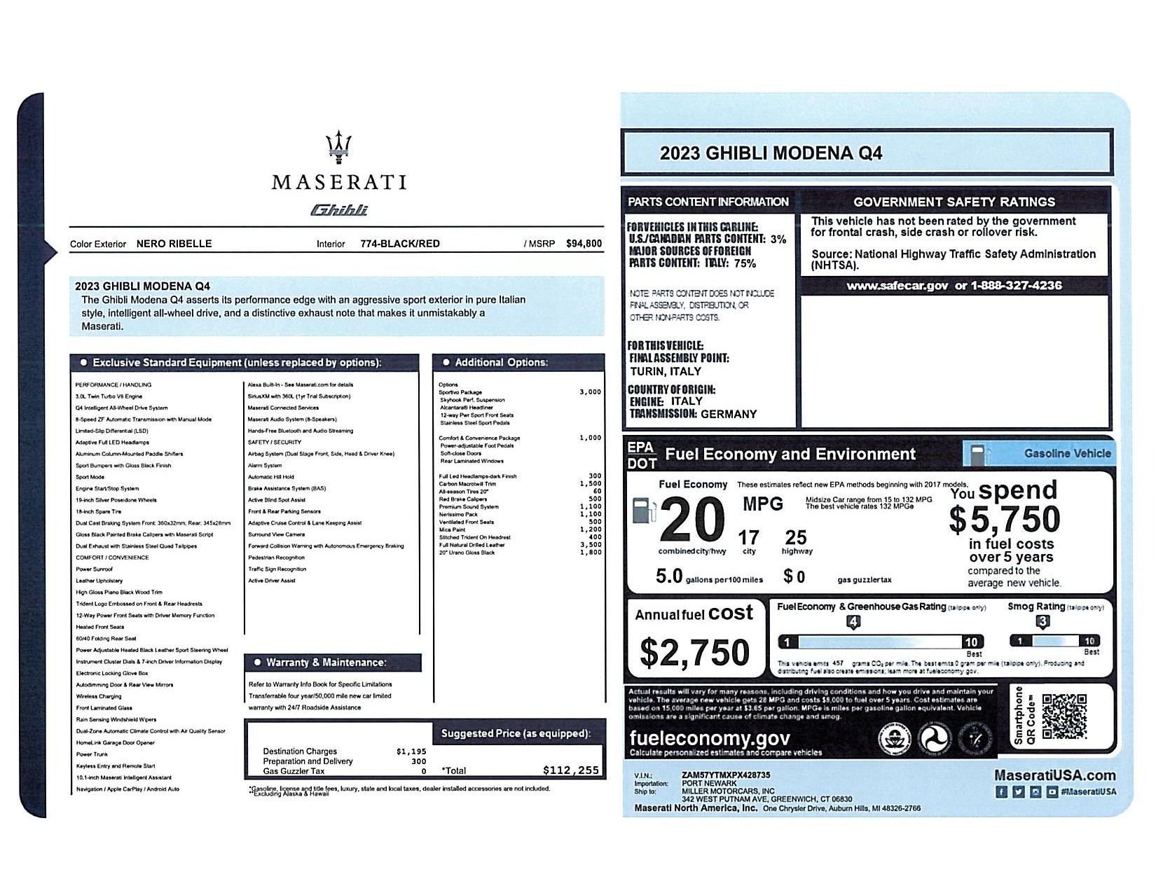 New 2023 Maserati Ghibli Modena Q4 for sale $112,255 at Rolls-Royce Motor Cars Greenwich in Greenwich CT 06830 1