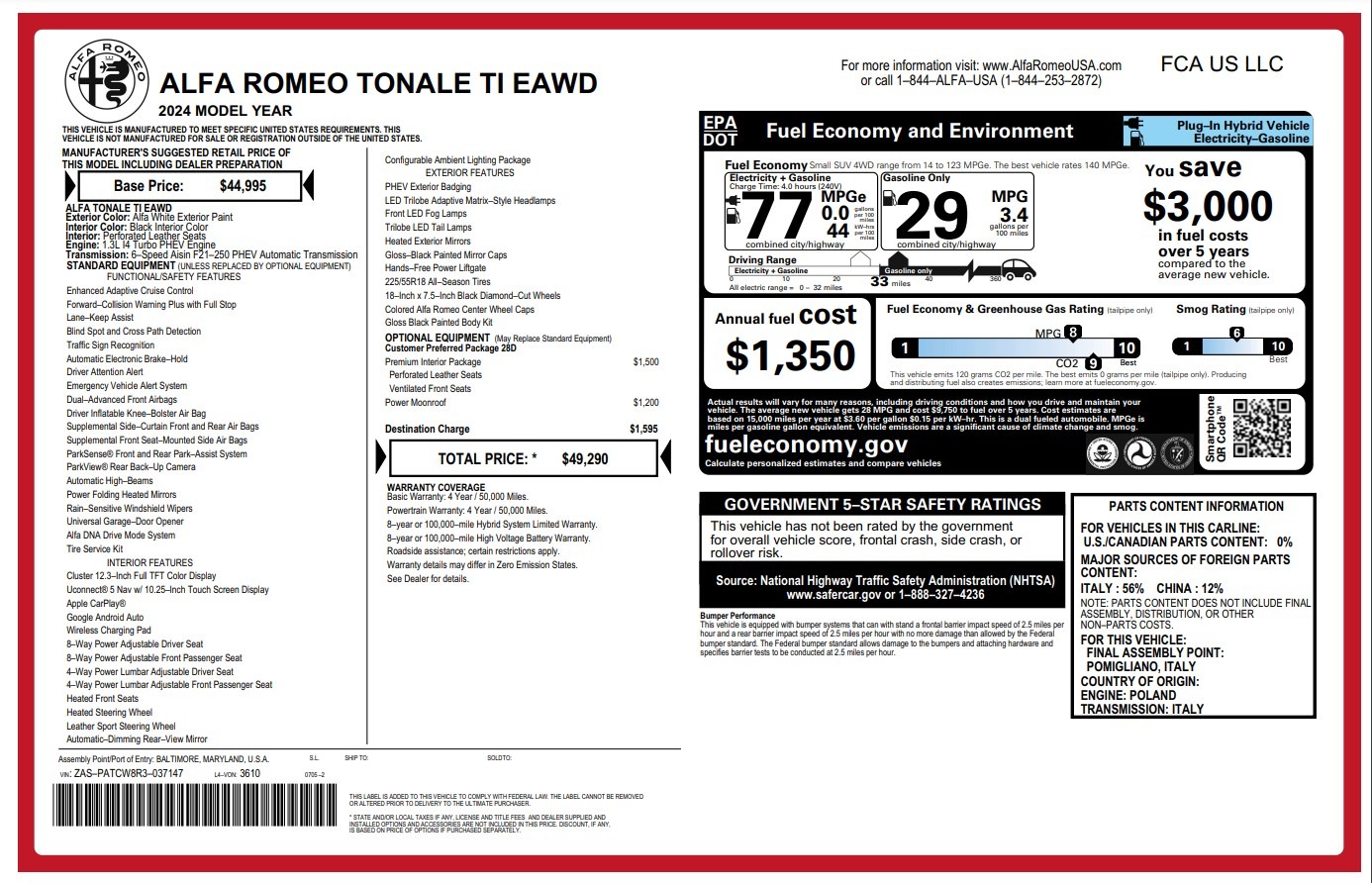 New 2024 Alfa Romeo Tonale Ti for sale Sold at Rolls-Royce Motor Cars Greenwich in Greenwich CT 06830 1