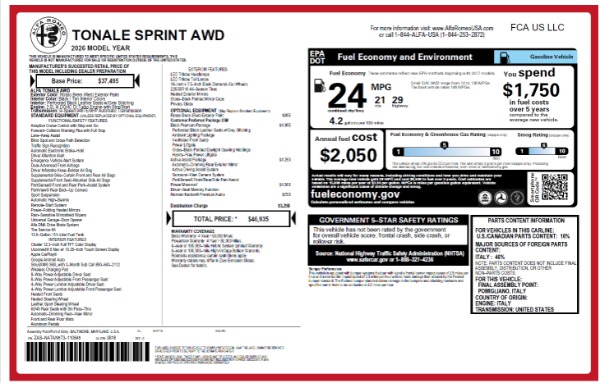 New 2026 Alfa Romeo Tonale Sprint for sale $46,935 at Rolls-Royce Motor Cars Greenwich in Greenwich CT 06830 23