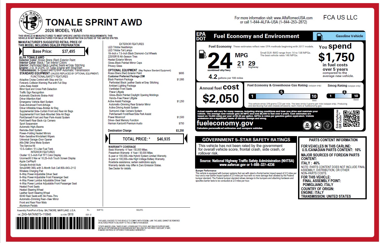 New 2026 Alfa Romeo Tonale Sprint for sale $46,935 at Rolls-Royce Motor Cars Greenwich in Greenwich CT 06830 1