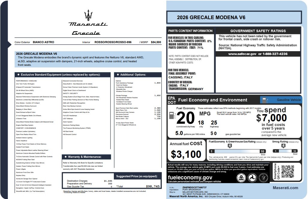 New 2026 Maserati Grecale Modena V6 for sale $98,745 at Rolls-Royce Motor Cars Greenwich in Greenwich CT 06830 1