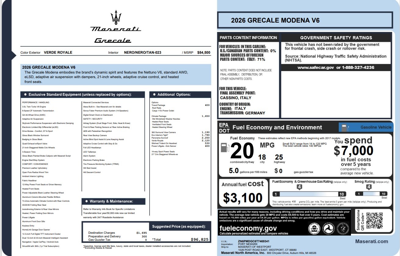 New 2026 Maserati Grecale Modena V6 for sale $96,825 at Rolls-Royce Motor Cars Greenwich in Greenwich CT 06830 1