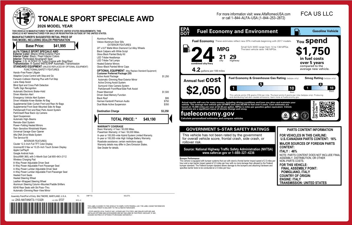 New 2026 Alfa Romeo Tonale Sport Speciale for sale $49,190 at Rolls-Royce Motor Cars Greenwich in Greenwich CT 06830 1