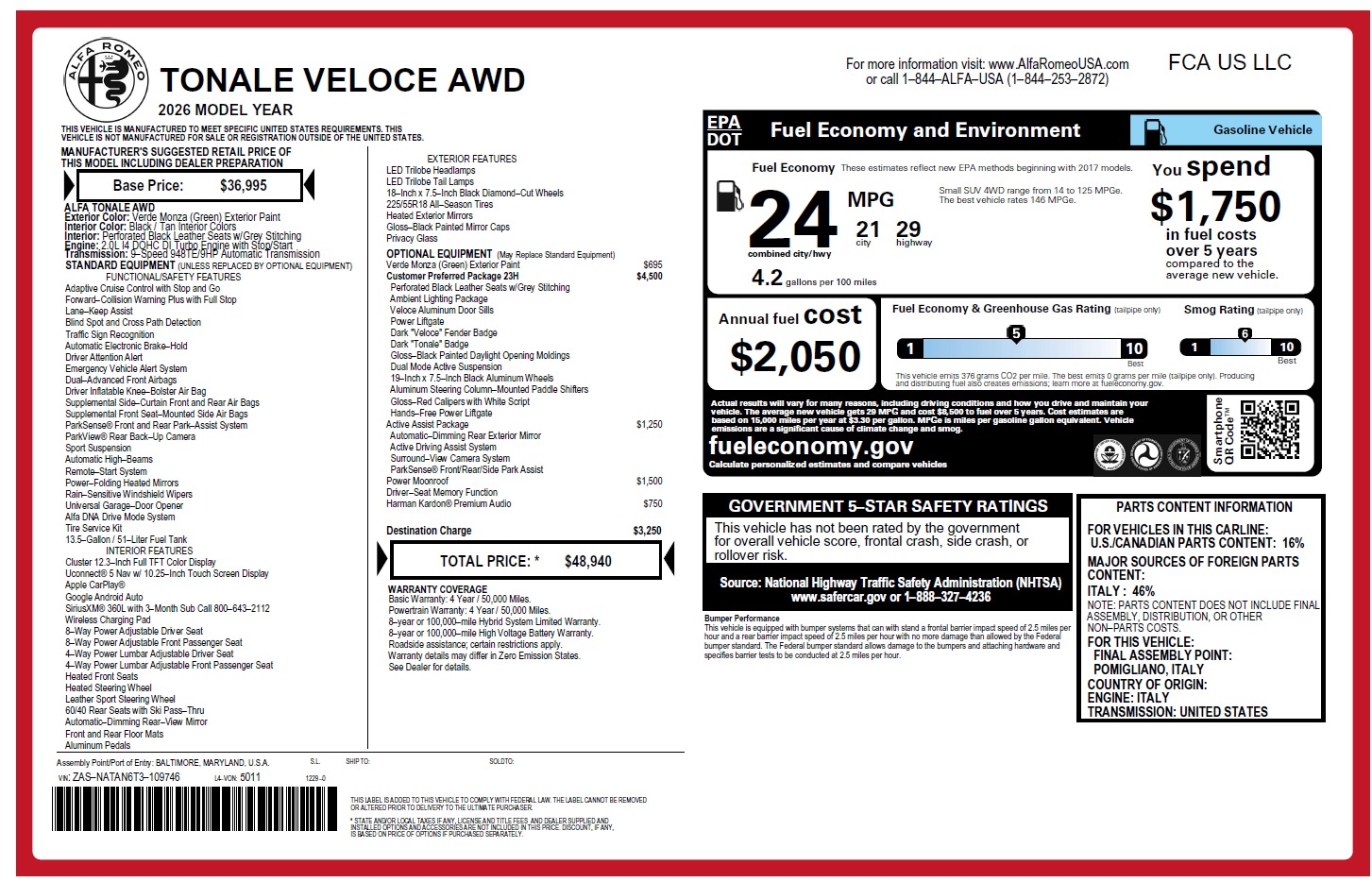 New 2026 Alfa Romeo Tonale Veloce for sale $48,940 at Rolls-Royce Motor Cars Greenwich in Greenwich CT 06830 1