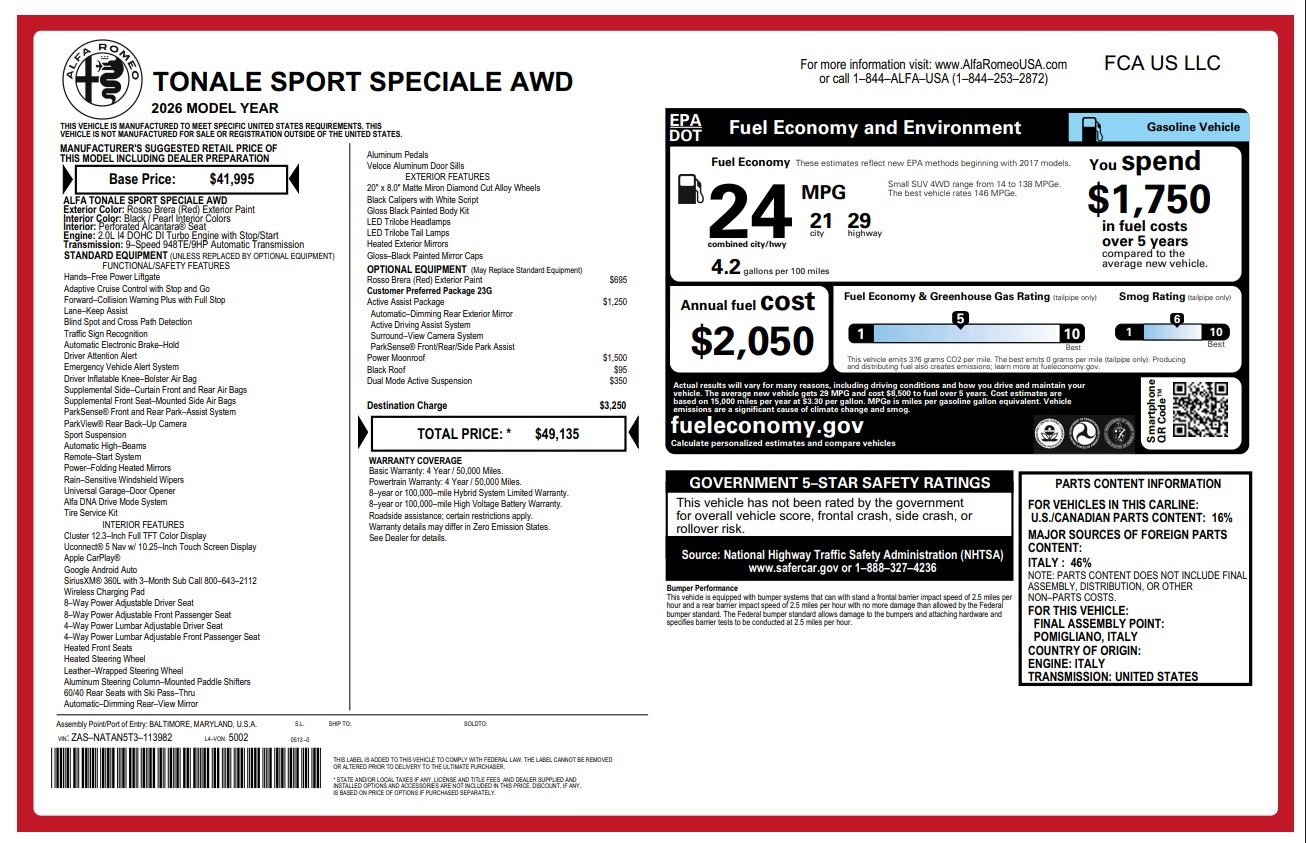 New 2026 Alfa Romeo Tonale Sport Speciale for sale $49,135 at Rolls-Royce Motor Cars Greenwich in Greenwich CT 06830 1