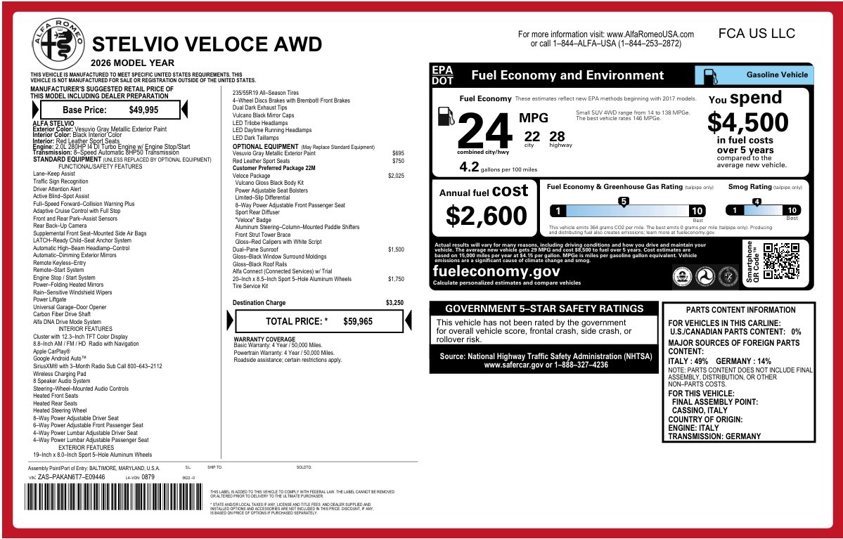 New 2026 Alfa Romeo Stelvio Veloce for sale $59,965 at Rolls-Royce Motor Cars Greenwich in Greenwich CT 06830 1