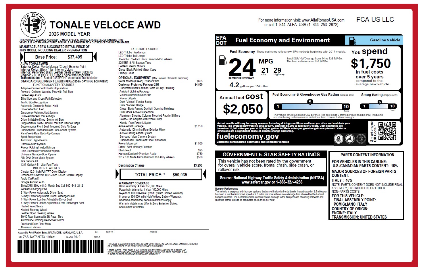 New 2026 Alfa Romeo Tonale Veloce for sale $50,035 at Rolls-Royce Motor Cars Greenwich in Greenwich CT 06830 1