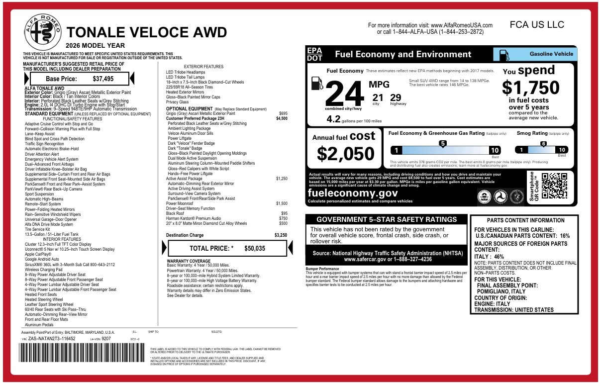 New 2026 Alfa Romeo Tonale Veloce for sale $50,035 at Rolls-Royce Motor Cars Greenwich in Greenwich CT 06830 1