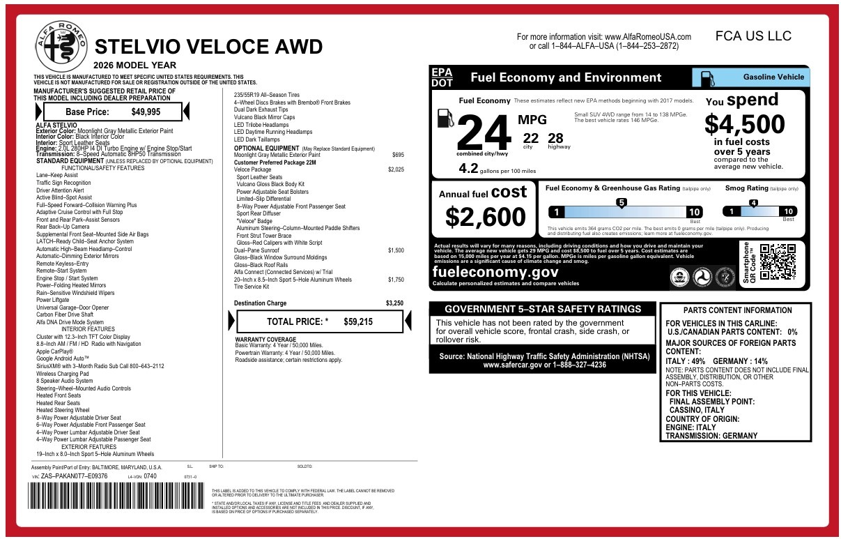 New 2026 Alfa Romeo Stelvio Veloce for sale $59,215 at Rolls-Royce Motor Cars Greenwich in Greenwich CT 06830 1