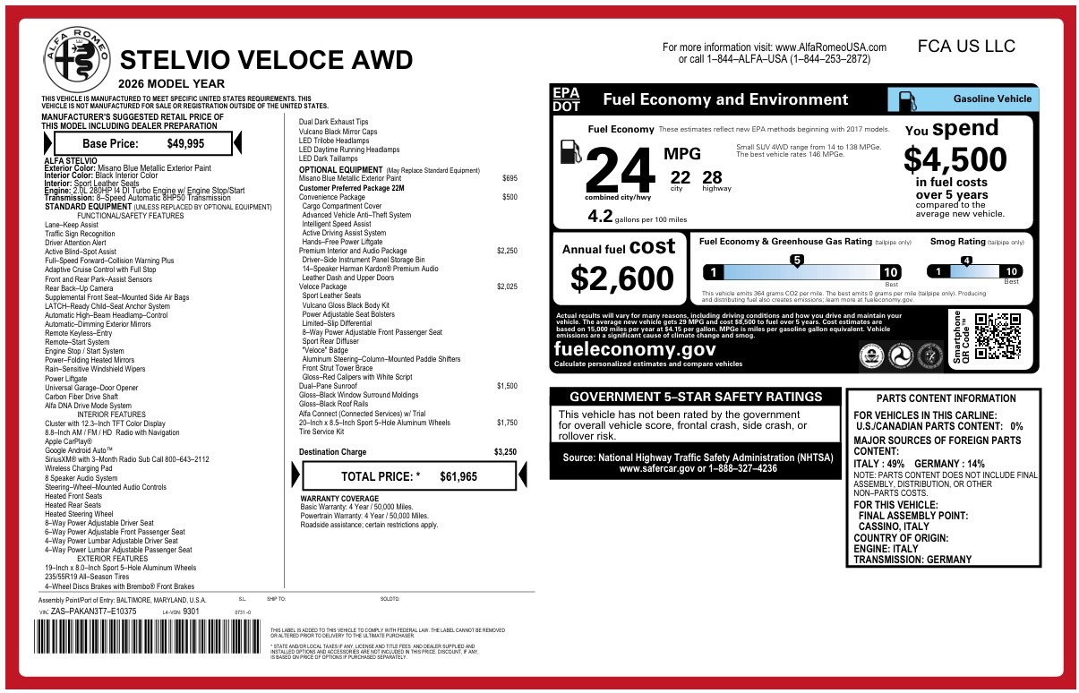 New 2026 Alfa Romeo Stelvio Veloce for sale $61,965 at Rolls-Royce Motor Cars Greenwich in Greenwich CT 06830 1