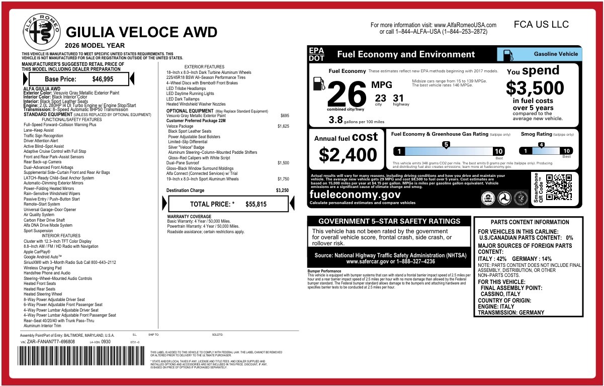 New 2026 Alfa Romeo Giulia Veloce for sale $55,815 at Rolls-Royce Motor Cars Greenwich in Greenwich CT 06830 1