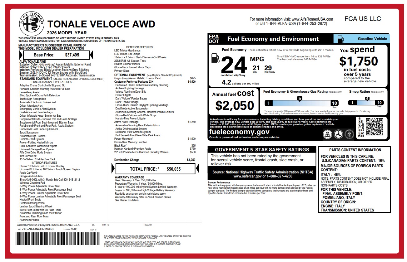 New 2026 Alfa Romeo Tonale Veloce for sale $50,035 at Rolls-Royce Motor Cars Greenwich in Greenwich CT 06830 1