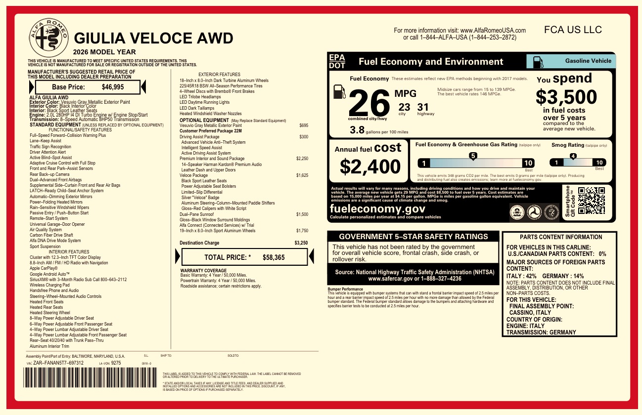 New 2026 Alfa Romeo Giulia VELOCE for sale $58,365 at Rolls-Royce Motor Cars Greenwich in Greenwich CT 06830 1