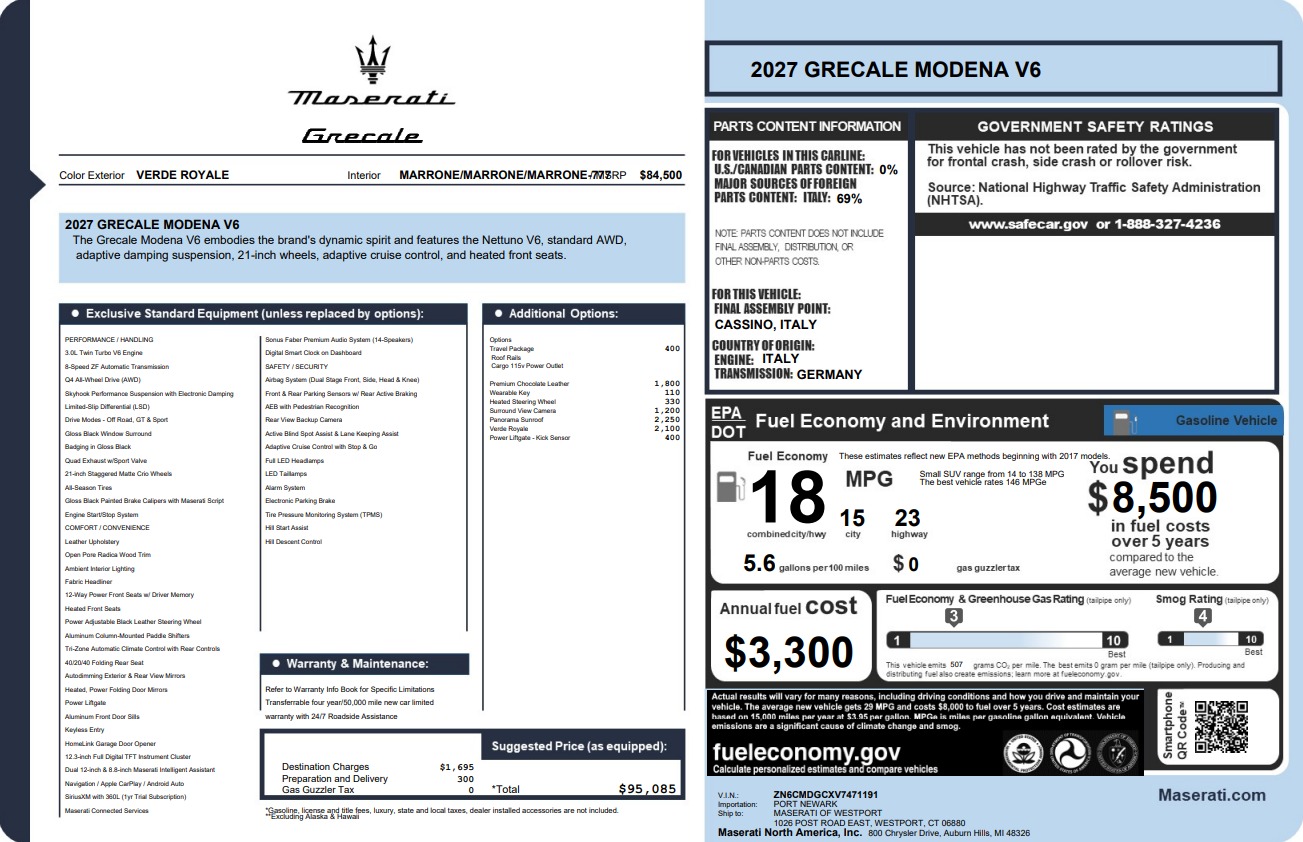 New 2027 Maserati Grecale Modena V6 for sale $95,085 at Rolls-Royce Motor Cars Greenwich in Greenwich CT 06830 1