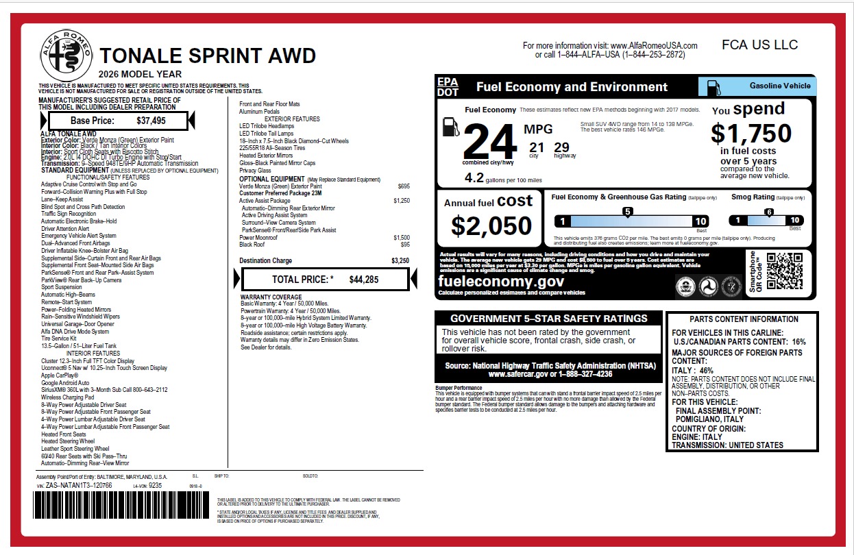 New 2026 Alfa Romeo Tonale Sprint for sale $44,285 at Rolls-Royce Motor Cars Greenwich in Greenwich CT 06830 1